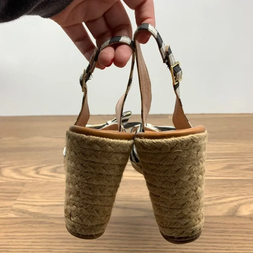 Kate‎ Spade Sandals 8.5 Black White Boardwalk Espadrille Slingback Stripes Wedge